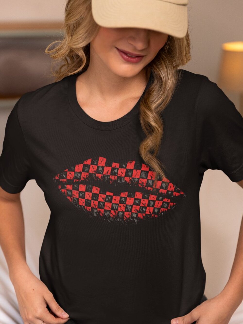 Checkered Lips T-Shirt – Distressed Graphic Tee with Transparent Knockout Red